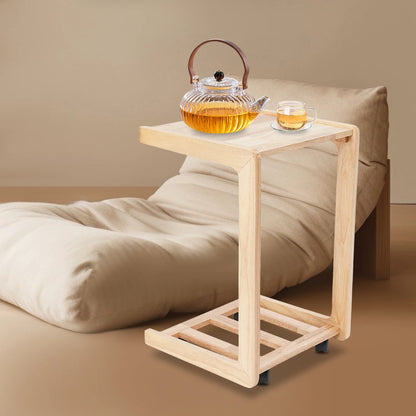 Rubber Wood C-Shaped Side Table with Storage Shelf & Casters, Mobile Sofa End Table for Small Spaces