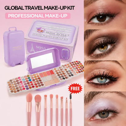 130-Color Travel Makeup Palette with Matte & Shimmer Eyeshadow, Blush, Highlighter & 8 Makeup Brushes, Portable Suitcase Kit