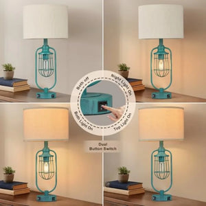 Farmhouse Table Lamps Set of 2 with USB Ports, Industrial Bedside Lamps for Bedroom Nightstands and Living Room End Tables