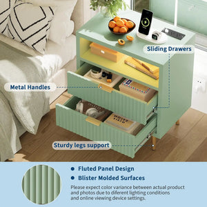 2-Drawer Nightstand with Charging Station & LED Light, 2 USB-A Ports, AC Outlet, Open Shelf & Fluted Drawers for Bedroom