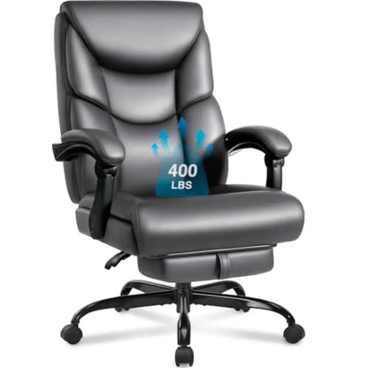400 lb Big & Tall Reclining Office Chair with Footrest – High Back PU Leather Desk Chair with Lumbar Support & Spring Cushion