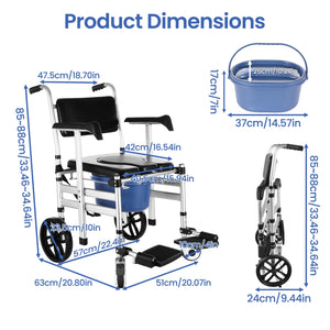 3-in-1 Folding Rolling Shower Commode Chair – Lightweight Wheelchair with Locking Wheels, Padded Arms & Removable Bucket