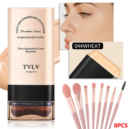 2-in-1 Foundation & Concealer Stick with Built-In Brush and 8-Piece Makeup Brush Set, Lightweight Coverage