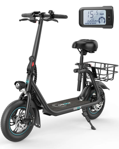 450W Electric Scooter with Seat for Adults, 15-Mile Range, 16 MPH, 12" Tires, Rear Basket, Adjustable Seat, UL2272 Certified