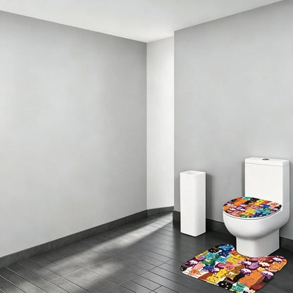 Cartoon Cat Print Bathroom Rug Set, Non-Slip Bath Mat with Contour Toilet Mat & Toilet Lid Cover