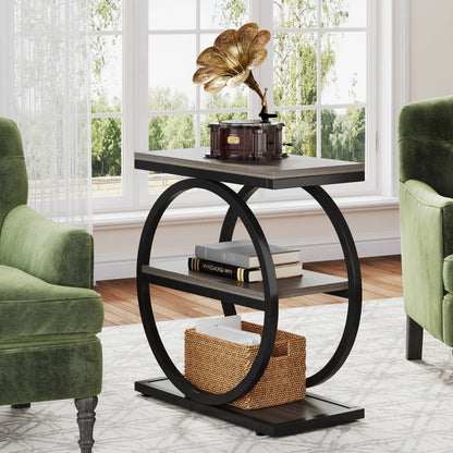 Narrow End Table with 3 Storage Shelves, Industrial Wood Side Table for Sofa, Living Room & Small Spaces