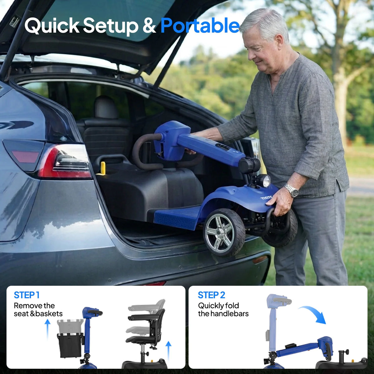 250W 4-Wheel Electric Mobility Scooter for Adults, Foldable 88 lb Design, 12-Mile Range, 360° Swivel Seat, Anti-Tip Wheels