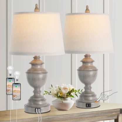 Modern Farmhouse Table Lamps Set of 2 with USB Ports, 3-Way Dimmable Touch Control, Washed Finish Bedside Nightstand Lamps