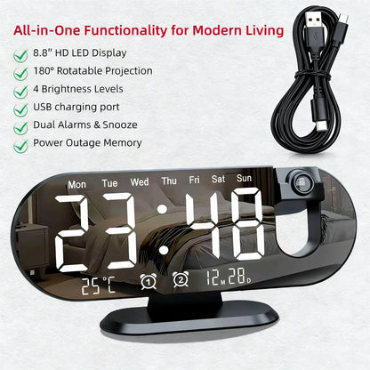 8.8-Inch LED Projection Alarm Clock with 180° Projector, Mirror Display, Dual Alarms, Snooze, Temperature & USB Charging