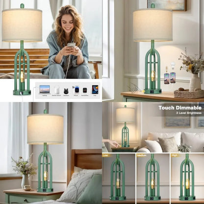 27-Inch Coastal Table Lamp, 3-Way Dimmable Touch Control, USB-A and USB-C Ports, AC Outlet, Vintage Bedside Nightstand Lighting