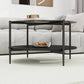 32.28" Modern Round Coffee Table with Black Tempered Glass Top & Solid Walnut Wood Storage Shelf