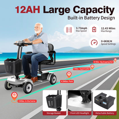 Foldable 4-Wheel Electric Mobility Scooter for Seniors – 12.4 Mile Range, 12Ah Removable Battery, 265 lbs Capacity, 8" Solid Tires