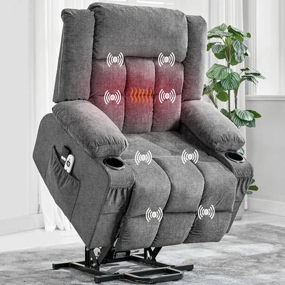 Power Lift Recliner Chair with Massage & Heat, 3-Position Electric Stand Assist Sofa with USB Ports, Cup Holders & Side Pockets