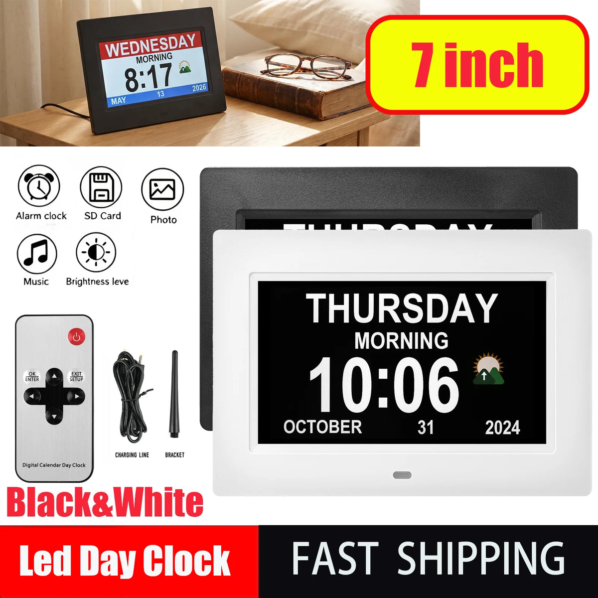 Large Display Digital Calendar Clock with Day & Date, Multiple Alarms, Auto Dimming, Remote Control for Seniors