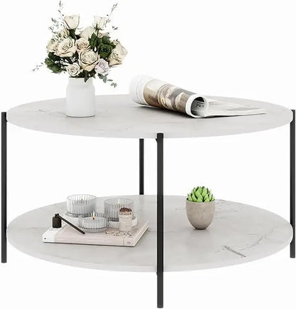 2-Tier Round Coffee Table with Storage Shelf, Marble-Style Wood Center Table for Living Room & Bedroom