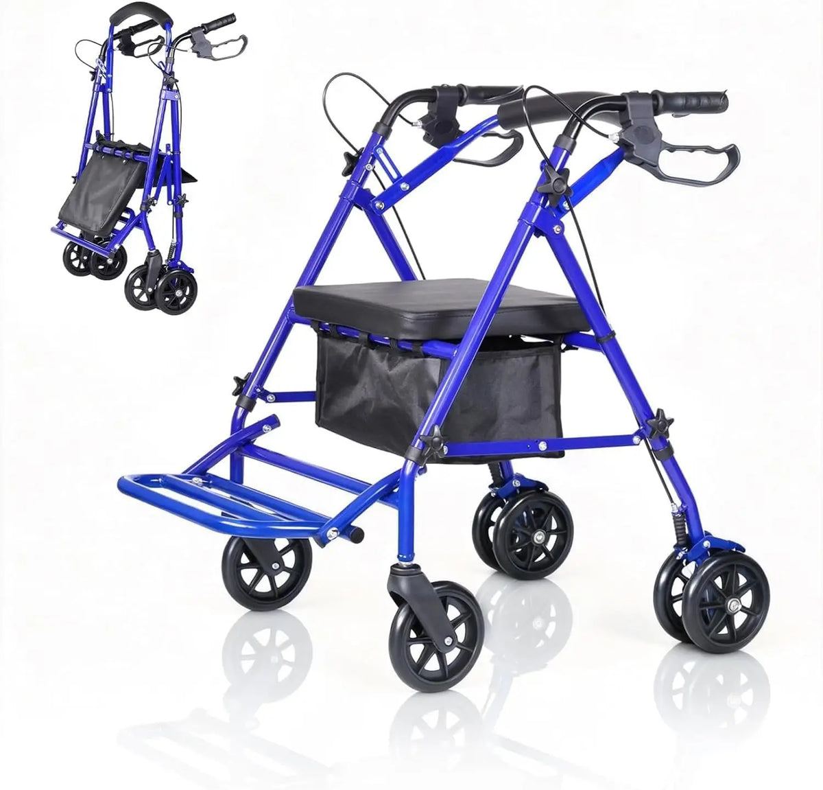 2-in-1 Rollator Walker and Transport Wheelchair for Seniors & Adults, Adjustable Height, Carbon Steel Frame, 6-Inch Wheels, Underseat Storage