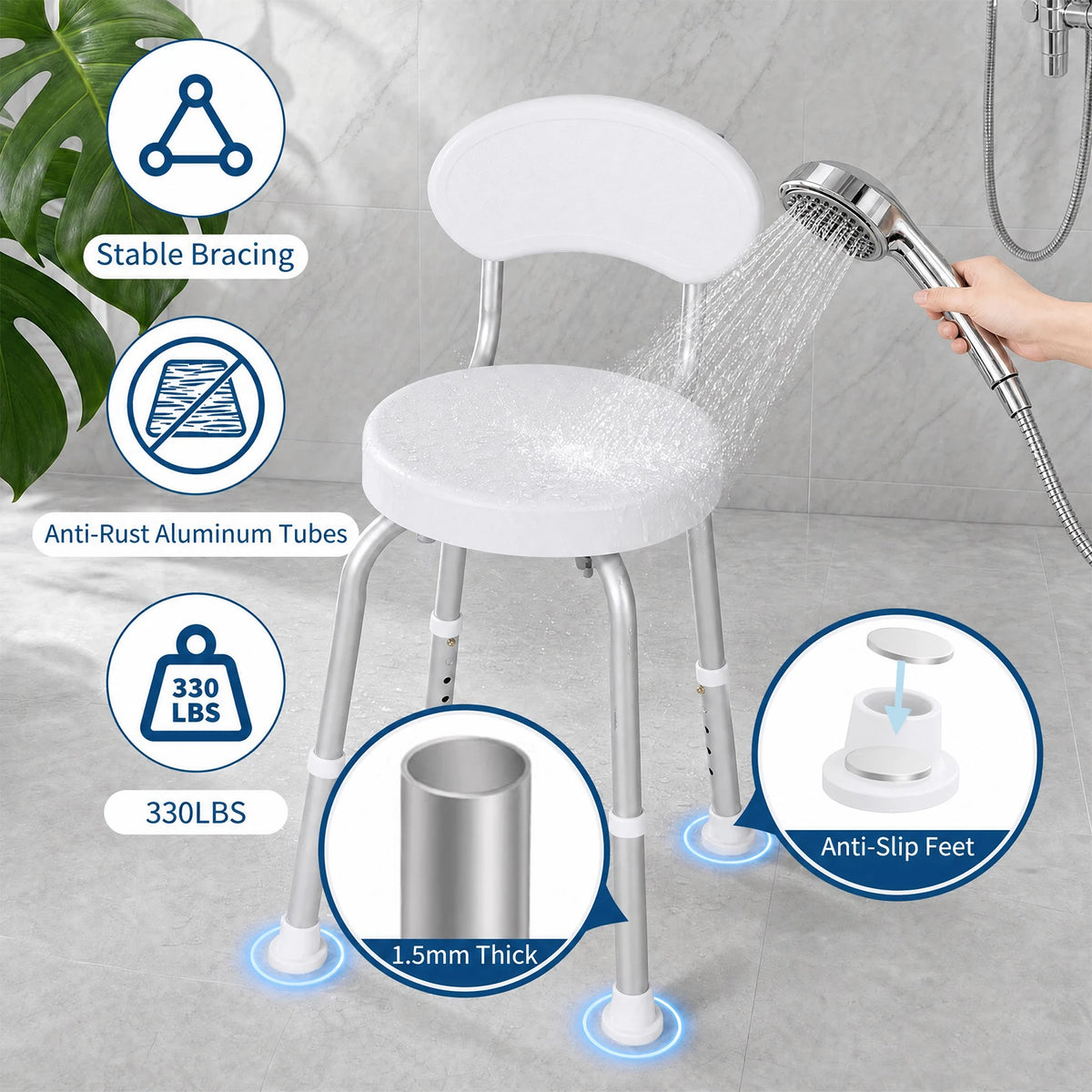 60° Swivel Shower Chair for Seniors – Height Adjustable Bath Seat with Backrest, Non-Slip Feet, 330 lb Capacity