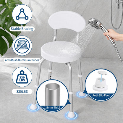 60° Swivel Shower Chair for Seniors – Height Adjustable Bath Seat with Backrest, Non-Slip Feet, 330 lb Capacity