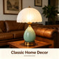 Vintage Green Crackle Ceramic Table Lamp with Pleated Scalloped Frosted Glass Shade and Antique Gold-Tone Metal Base