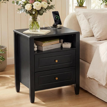 Modern Nightstand with Charging Station, 2 Drawers & Open Shelf, Bedside Table with USB-C Port & AC Outlet, Black
