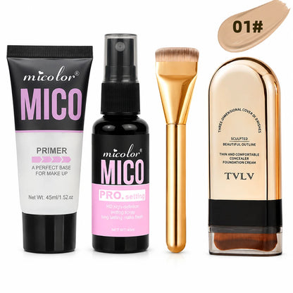 4-in-1 Base Makeup Set, Hydrating Primer Gel, Setting Spray, Full Coverage Foundation Stick & Brush, Matte Finish