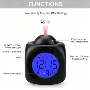 Digital Projection Alarm Clock with Voice Function, Snooze & Temperature Display, Adjustable Projector Desk Clock for Bedroom