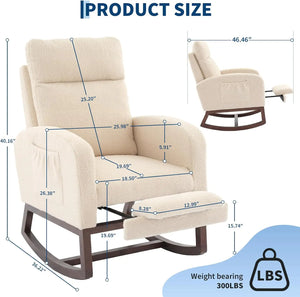 Nursery Glider Rocking Chair with Adjustable Footrest – High Back Upholstered Lounge Chair with Side Pockets, Beige