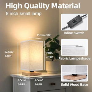 Small Bedside Table Lamp with Wood Base and Round Fabric Shade