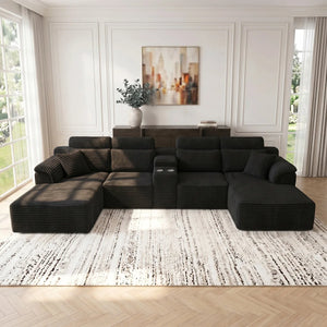 Oversized U-Shaped Modular Corduroy Sectional Sofa – Deep Seat Lounge Couch with Chaise, Center Console & Cup Holders, No Assembly