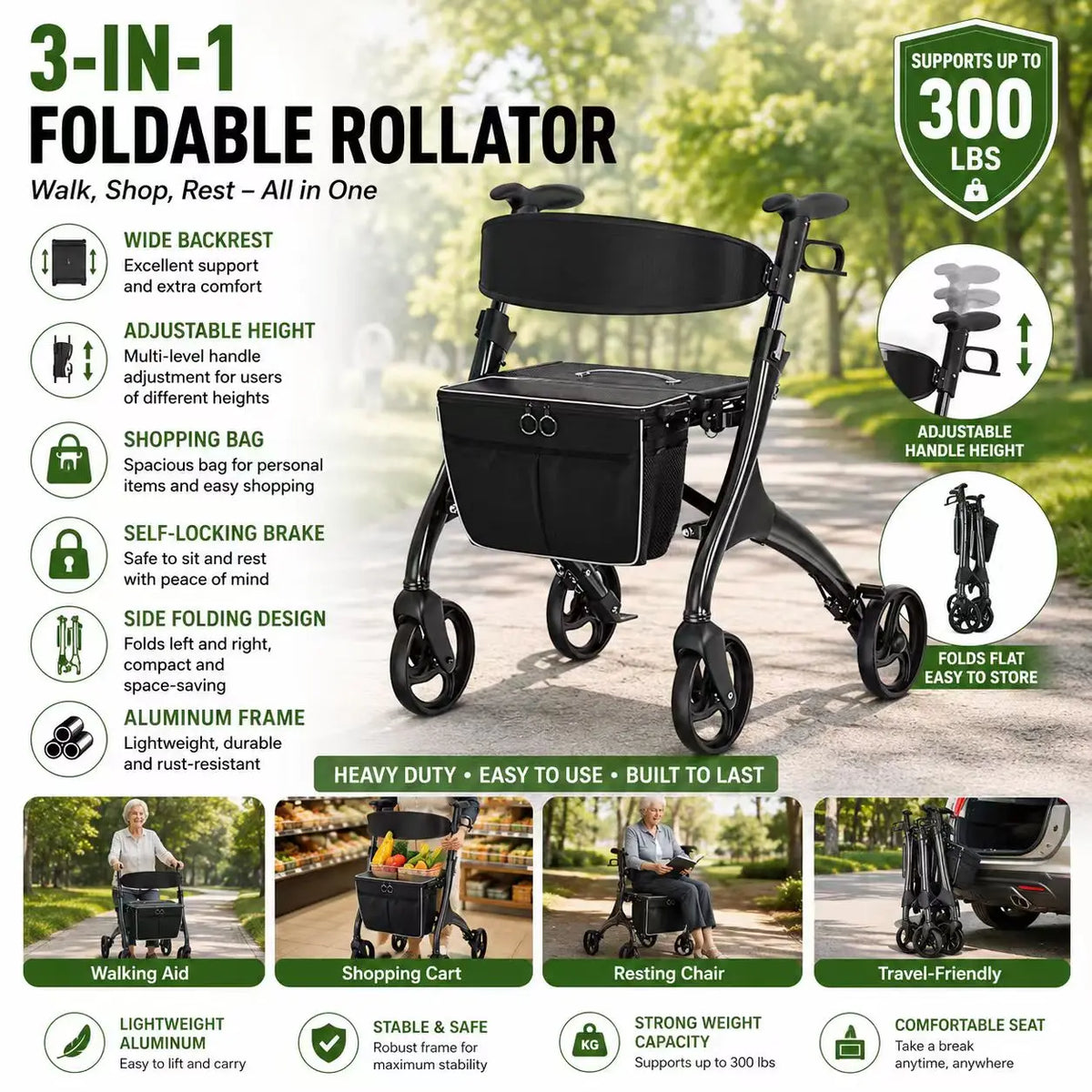 4-Wheel Aluminum Rollator Walker with Seat – Lightweight Foldable Mobility Walker for Adults