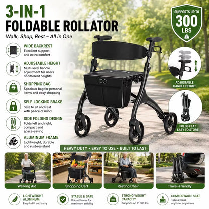 4-Wheel Aluminum Rollator Walker with Seat – Lightweight Foldable Mobility Walker for Adults