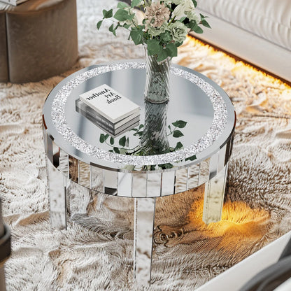 Round Mirrored Side Table with Crystal Diamond Inlay, Luxury Accent Table for Living Room & Bedroom