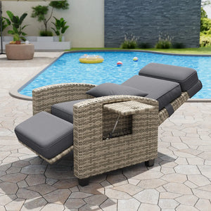Adjustable Wicker Recliner Chair – 150° Reclining Patio Lounge Chair with Footrest, Flip-Up Side Table & Removable Cushion, Grey