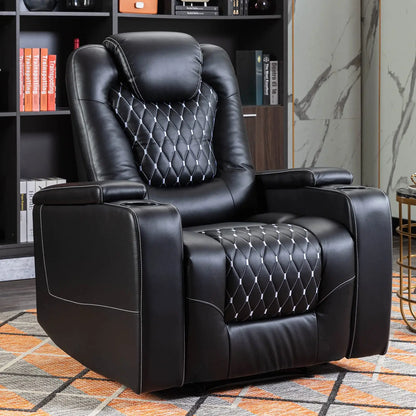 Electric Power Recliner Chair with USB Ports, Cup Holders, Breathable Leather, Hidden Arm Storage for Home Theater & Living Room