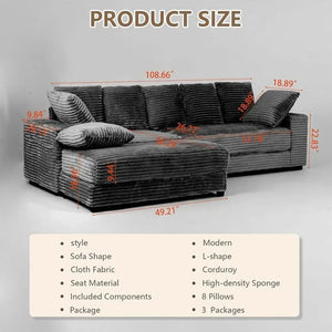 108.6-Inch Sectional Sofa with Storage Ottoman – Deep Seat Cloud Couch with Corduroy Upholstery for Living Room, Black