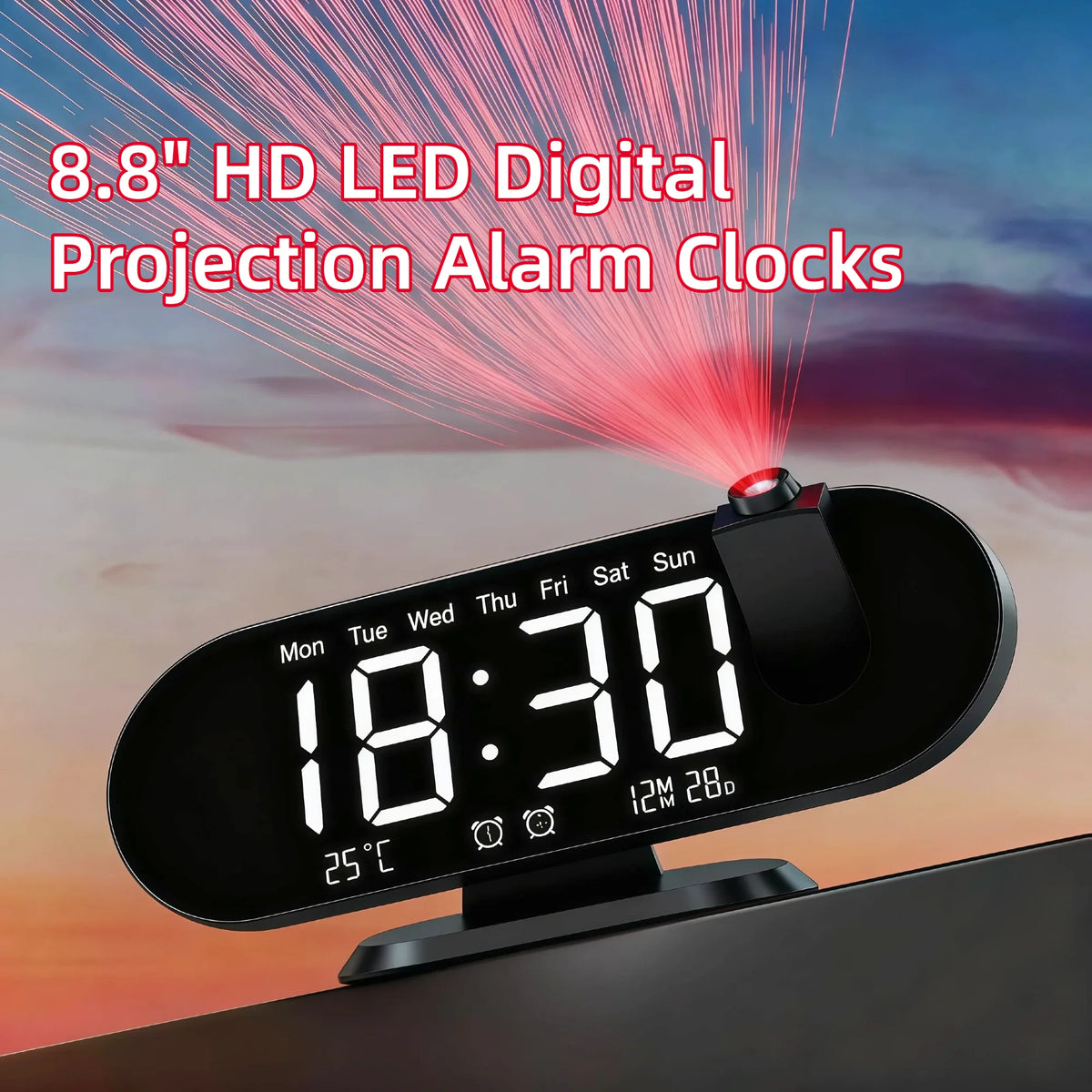 8.8-Inch LED Projection Alarm Clock with 180° Projector, Mirror Display, Dual Alarms, Snooze, Temperature & USB Charging