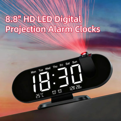 8.8-Inch LED Projection Alarm Clock with 180° Projector, Mirror Display, Dual Alarms, Snooze, Temperature & USB Charging