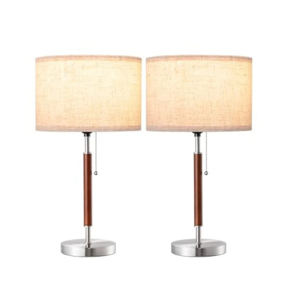 Mid-Century Table Lamps Set of 2, Pull Chain Switch, Linen Shade, Solid Wood Pole and Metal Base, Bedside Nightstand Lighting