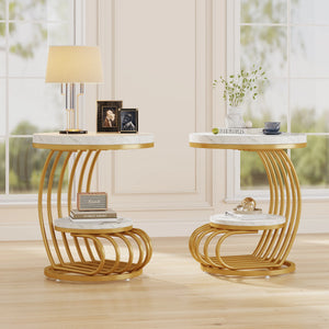 2-Tier Round Side Table with Faux Marble Top & Storage Shelf, Modern White and Gold End Table