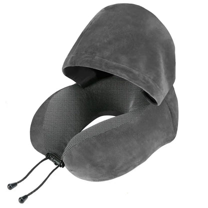 Memory Foam Travel Neck Pillow with Hood, 360° Head Support for Airplane & Long Flights, Eye Mask, Earplugs & Storage Bag
