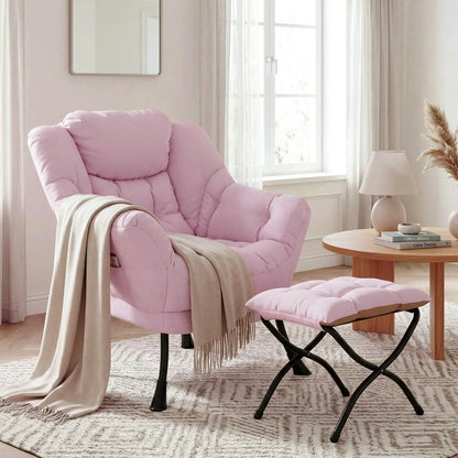 Modern Lounge Chair with Foldable Ottoman – Oversized Cushioned Reading Armchair with Footrest & Side Pocket