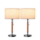 Mid-Century Table Lamps Set of 2, Pull Chain Switch, Linen Shade, Solid Wood Pole and Metal Base, Bedside Nightstand Lighting