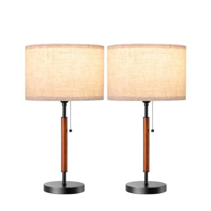 Mid-Century Table Lamps Set of 2, Pull Chain Switch, Linen Shade, Solid Wood Pole and Metal Base, Bedside Nightstand Lighting