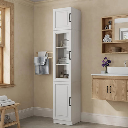 86-Inch Tall Bathroom Storage Cabinet with Glass Door & 5-Tier Shelves, Slim Freestanding Organizer for Small Spaces