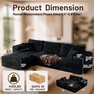 Black L-Shaped Boneless Sectional Sofa – Memory Foam Deep Seat Couch with Fabric Upholstery for Living Room