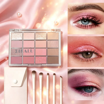 16-Color Pink & Brown Eyeshadow Palette with 5-Piece Brush Set, Matte & Highlight Earth Tones