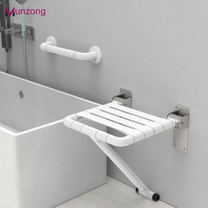 Wall-Mounted Folding Shower Seat with Assist Grab Bar – Space-Saving Bathroom Safety Bench, White