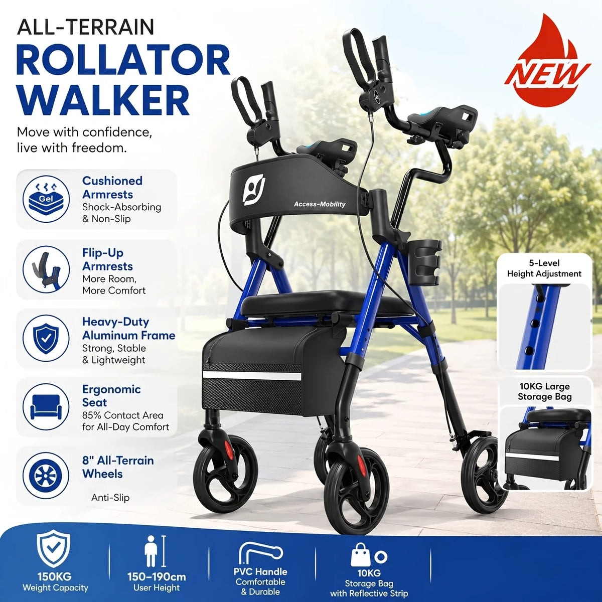 All-Terrain Upright Rollator Walker for Seniors with Padded Seat, Armrests & Storage Bag