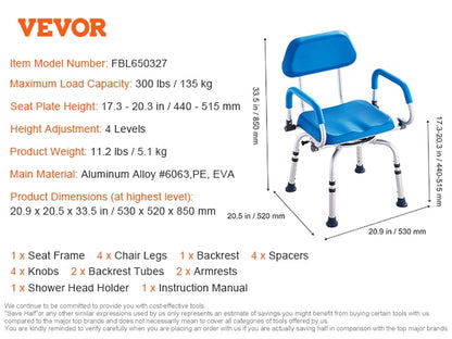 360° Swivel Shower Chair – Height Adjustable Bath Seat with Armrests, Backrest & Non-Slip Feet for Seniors