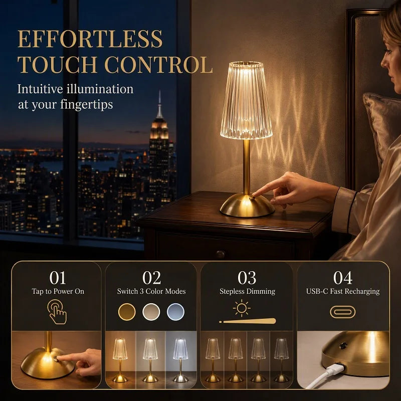 Rechargeable LED Table Lamp, Brushed Gold Aluminum, Prismatic Shade, Touch Stepless Dimming, 3 Color Modes, USB-C Charging